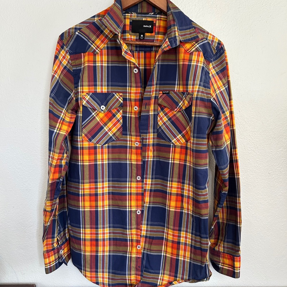 Hurley Plaid Button Up Shirt Mens M Blue Orange Long Sleeve Casual Skate Western